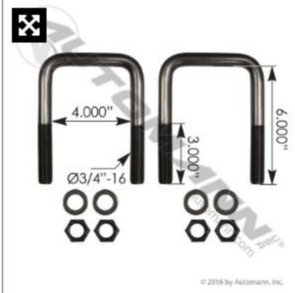 Automann U Bolt Kit Square 3/4in X 4in X 6-3/4in
