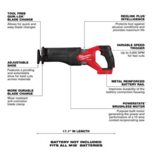 Milwaukee M18 FUEL™ SAWZALL® Reciprocating Saw (Tool Only or Kits w/ 1 or 2 Batteries)