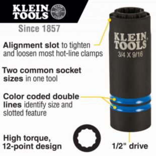 Klein Tools 3-in-1 Slotted Impact Socket, 12-Point, 3/4" and 9/16"